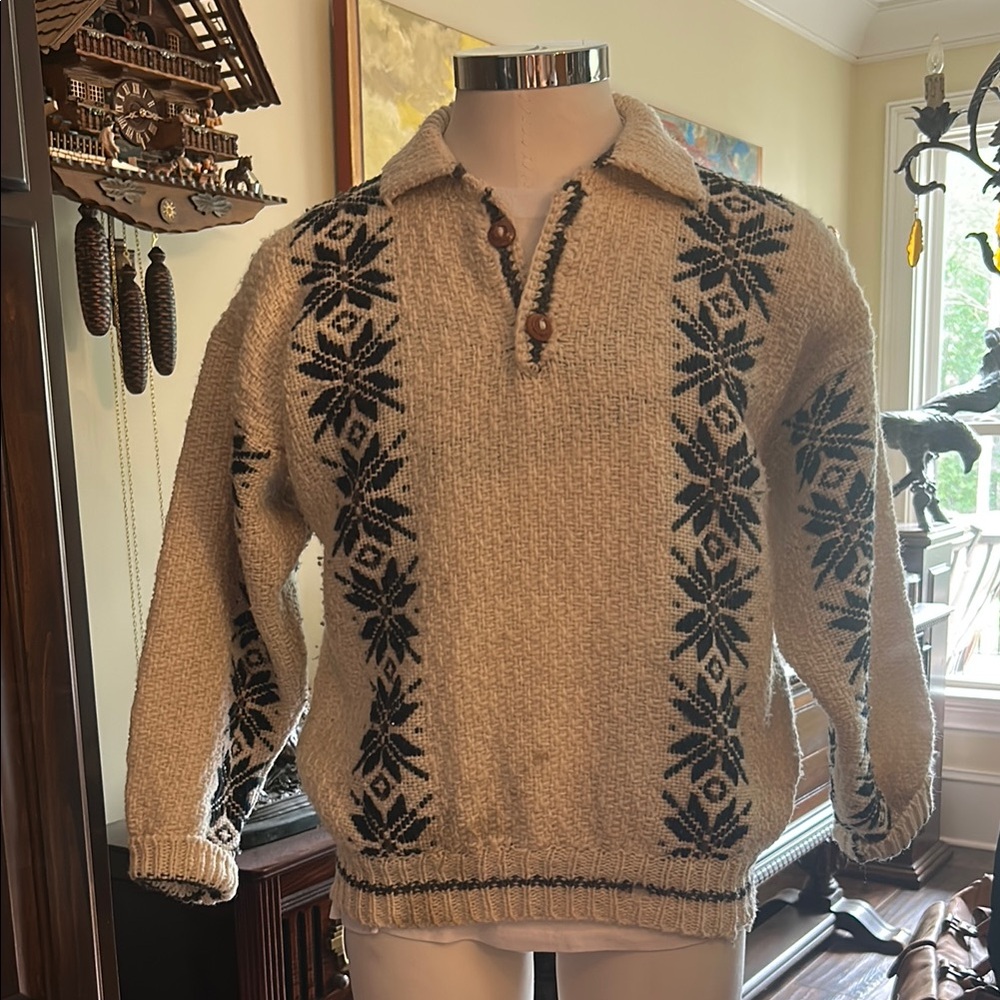 Vintage Sz L Oversized Fisherman Sweater Cream and Black Patterned Sweater GUC